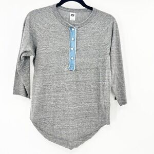 NSF Henley Top Women Petite Small Grey Excellent Denim Trim 3/4 Sleeve Raglan